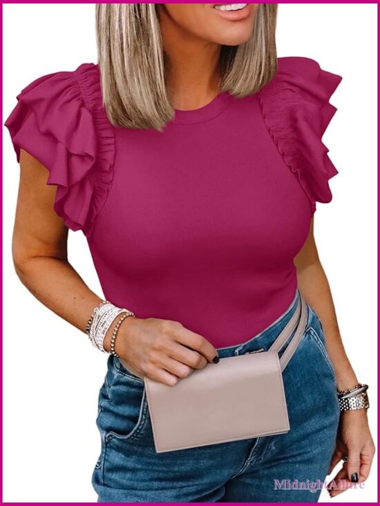 Tops - Slim Fit High Neck Knit Ribbed Ruffle Short Sleeve Tee